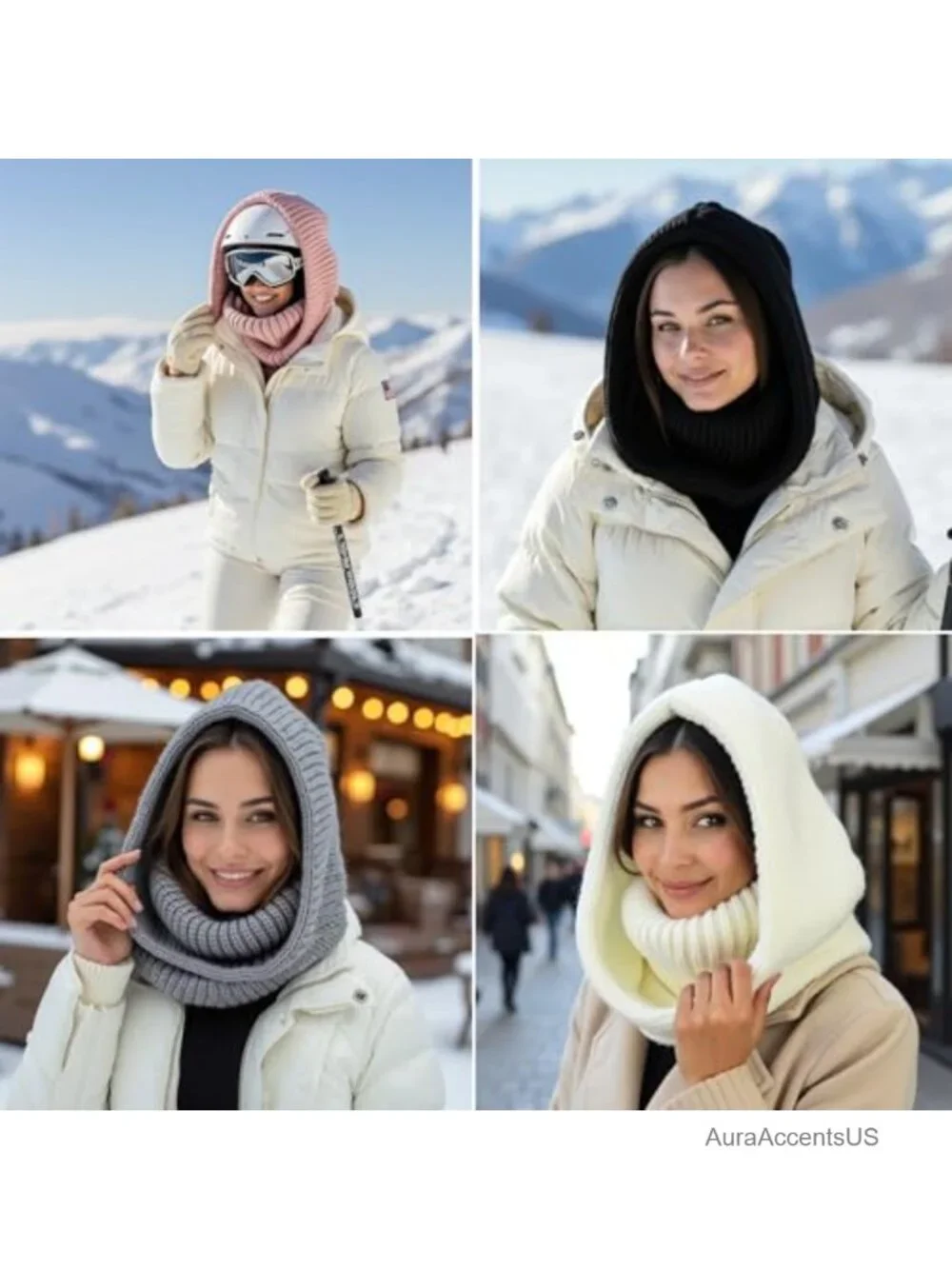 Wool Balaclava Hood with Neck Gaiter Women Knit Hat Scarf Combo One Size